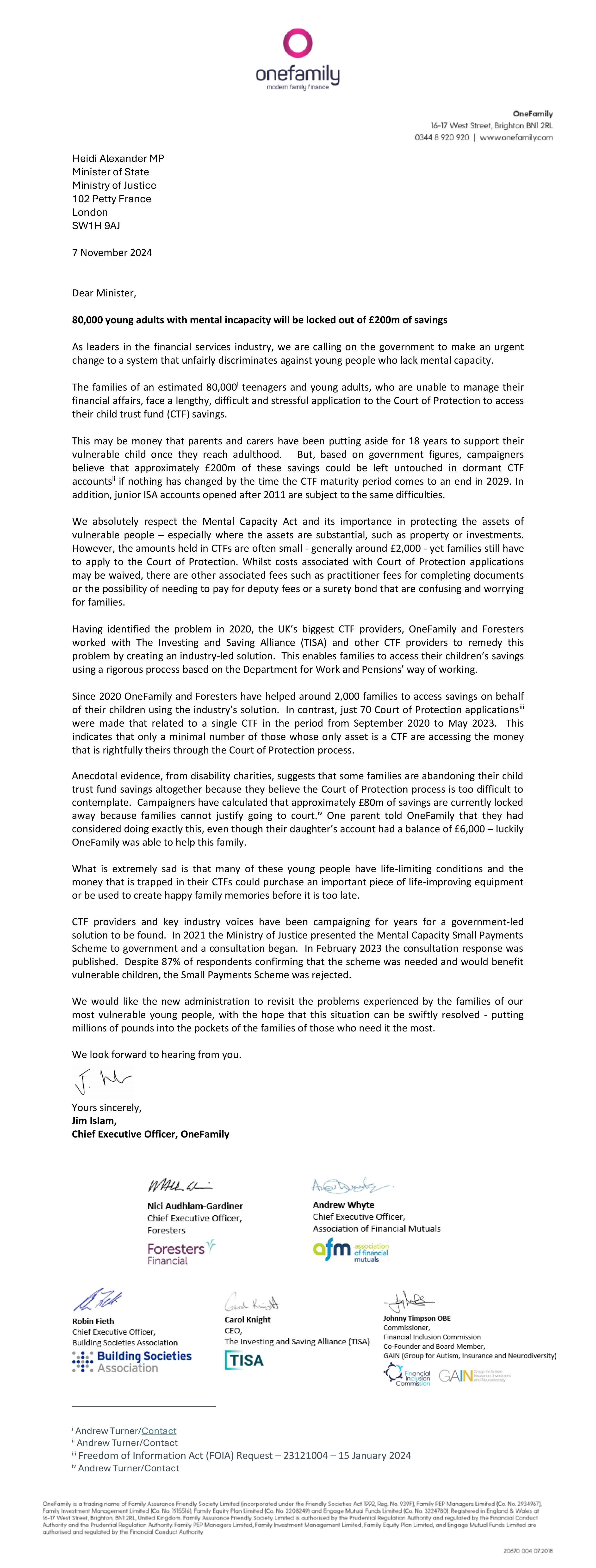 OneFamily Letter to Heidi Alexander MP